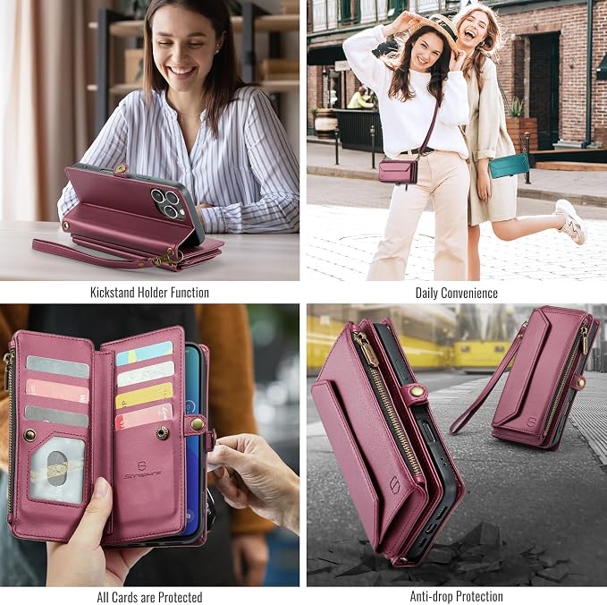 Strapurs Wallet Case Compatible with iPhone 16 Pro Max 6.9" RFID Blocking 10-Card Holder Soft PU Leather Magnetic Snap Shoulder Strap Zipper Pocket Phone Case Fit for iPhone 16 Pro Max - Wine Red
