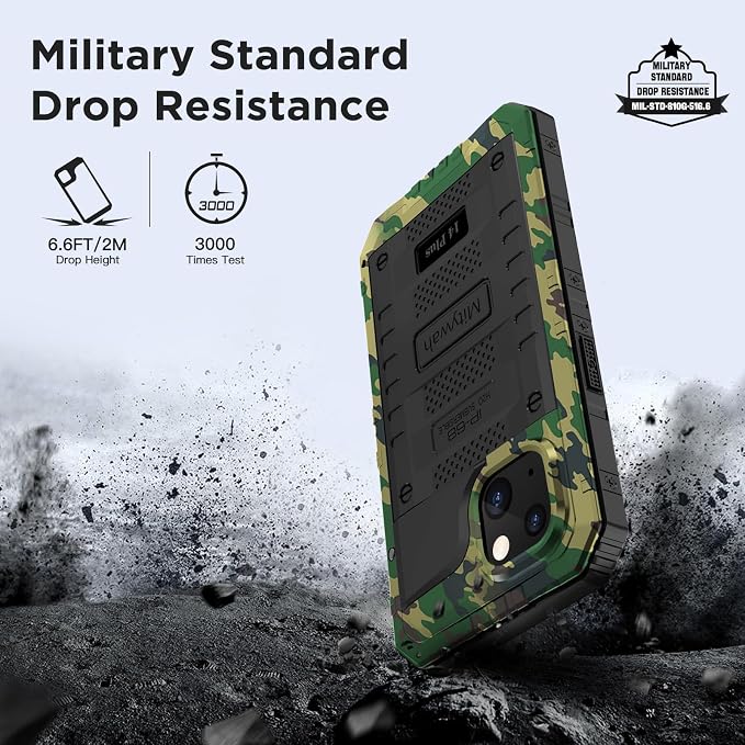 Mitywah Waterproof Case for iPhone 14 Plus, Heavy Duty Shockproof Case with Built-in Screen Protector, Full Body Underwater Protective Metal Case 6.7 inch, Camouflage