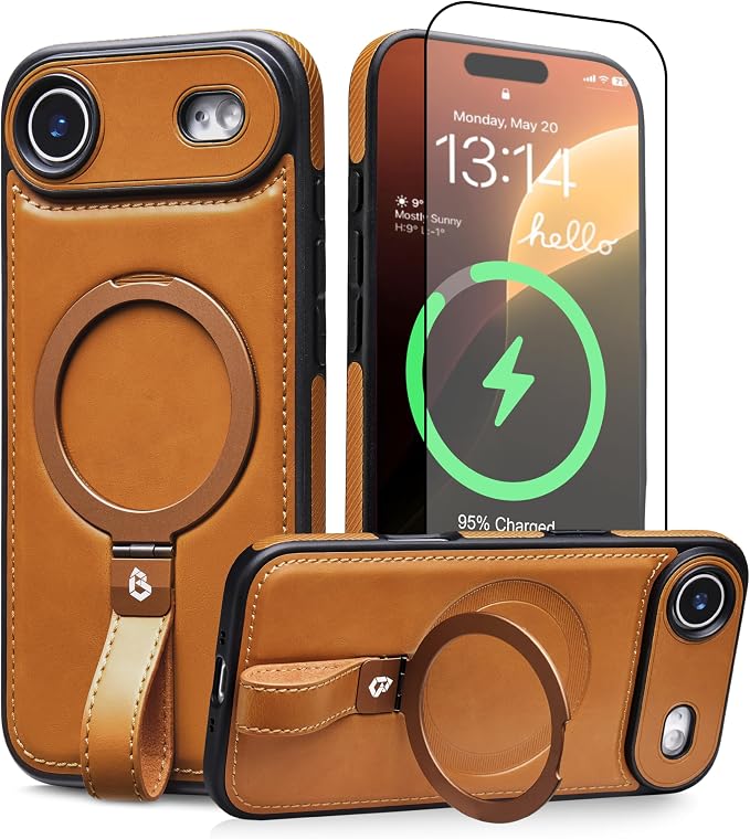for iPhone Air Leather Case with Stand, Anti-Slip Grip Ring, Fits for MagSafe (Brown, iPhone Air)