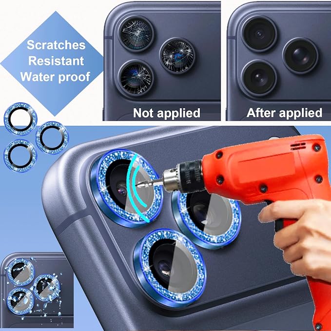 Compatible for iPhone 17/17 Pro/iPhone 17 Pro Max Camera Lens Protector Bling, Cute Sparkle Glitter Camera Cover for Women, Individual Ring, Anti-Scratch (3 Protectors + 1 Extra), Deep Blue