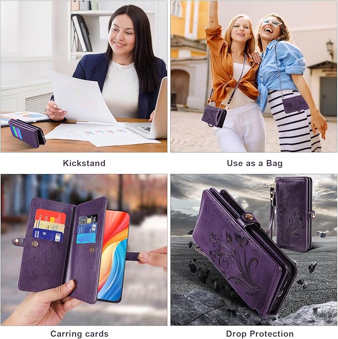 Lacass for iPhone 16 Case Wallet,[Cards Theft Scan Protection] Card Holder Zipper Leather Flip Cover Crossbody Wrist Strap with Stand (Floral Dark Purple)