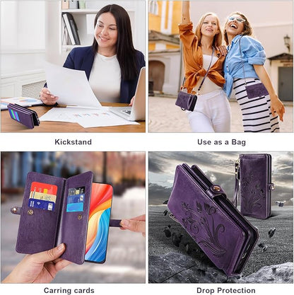 Lacass for iPhone 16 Case Wallet,[Cards Theft Scan Protection] Card Holder Zipper Leather Flip Cover Crossbody Wrist Strap with Stand (Floral Dark Purple)