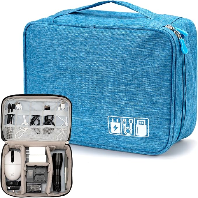 Travel Organizer Bag Waterproof Electronic Accessories Cosmetic Storage Pouch Portable Carry Case for Cable Charger Earphone Makeup Travel Business Trip Office (Light blue)