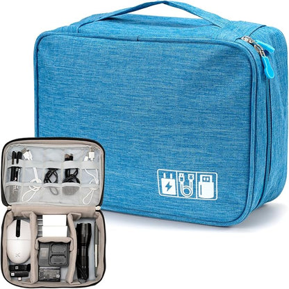 Travel Organizer Bag Waterproof Electronic Accessories Cosmetic Storage Pouch Portable Carry Case for Cable Charger Earphone Makeup Travel Business Trip Office (Light blue)