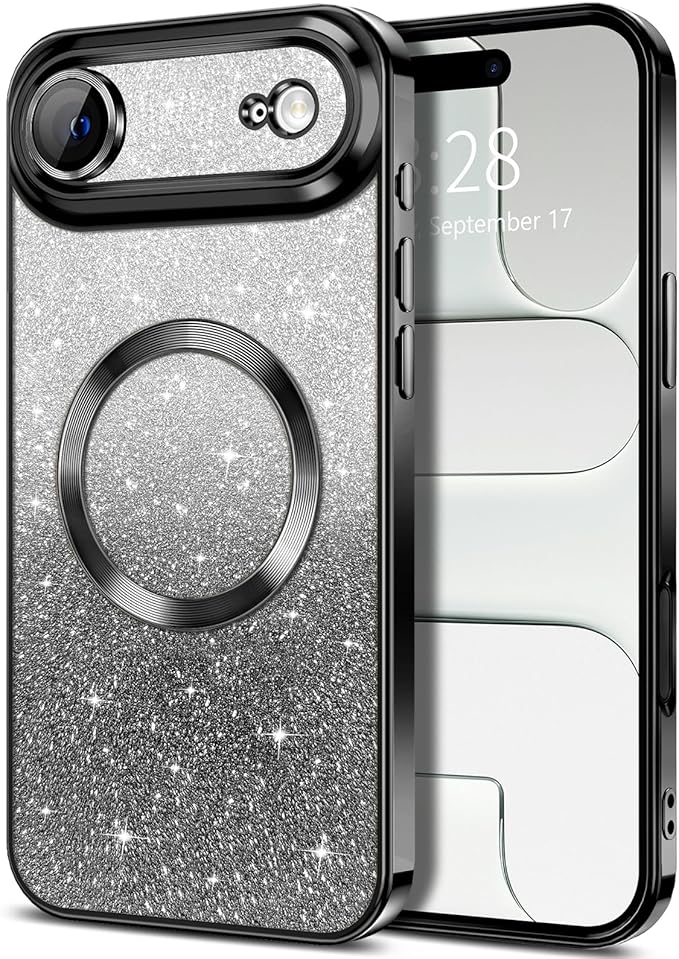 Hython for iPhone Air Case Glitter Clear Magnetic Phone Cases [Compatible with MagSafe] Full Camera Lens Protector Sparkle Luxury Plating Slim Shockproof Protective Cover Women, Gradient Black