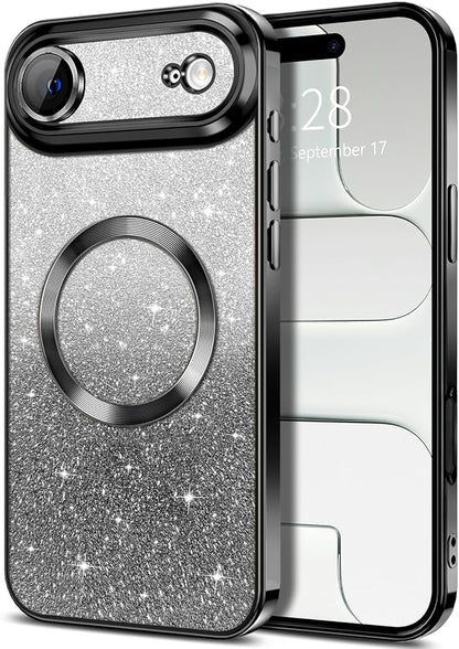 Hython for iPhone Air Case Glitter Clear Magnetic Phone Cases [Compatible with MagSafe] Full Camera Lens Protector Sparkle Luxury Plating Slim Shockproof Protective Cover Women, Gradient Black