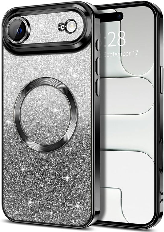 Hython for iPhone Air Case Glitter Clear Magnetic Phone Cases [Compatible with MagSafe] Full Camera Lens Protector Sparkle Luxury Plating Slim Shockproof Protective Cover Women, Gradient Black