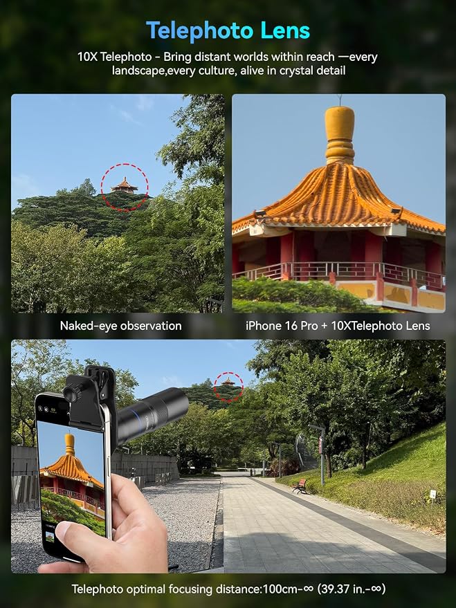 MIAO LAB 10X Telephoto Lens & 200mm Macro Lens, 2-in-1 Aluminum Phone Camera Lens Kit with Universal Clip. Phone Lens Attachment Fit for iPhone 16/15/14/13, Samsung, Android Phone and Most Smartphone