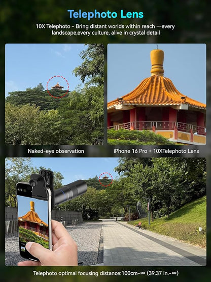 MIAO LAB 10X Telephoto Lens & 200mm Macro Lens, 2-in-1 Aluminum Phone Camera Lens Kit with Universal Clip. Phone Lens Attachment Fit for iPhone 16/15/14/13, Samsung, Android Phone and Most Smartphone