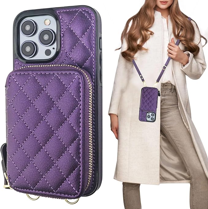 Bocasal Crossbody Wallet Case for iPhone 14 Pro Max, RFID Blocking PU Leather Zipper Handbag Purse Flip Cover, Kickstand Folio Case with Card Slots Holder Wrist Strap Lanyard 5G 6.7 Inch (Dark Purple)