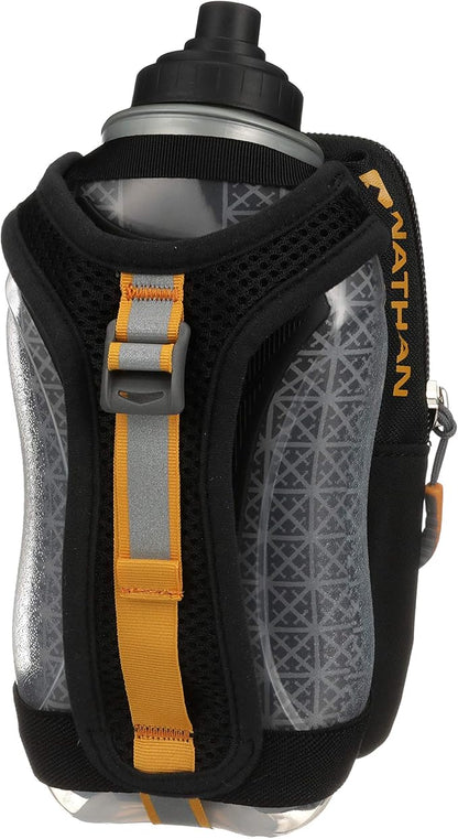 Nathan SpeedDraw 2 Insulated Handheld Running Water Bottle Flask 18oz – Double-Wall Insulation, Ergonomic Grip, Blast Valve Cap, Phone & Key Storage Pockets, Reflective Design