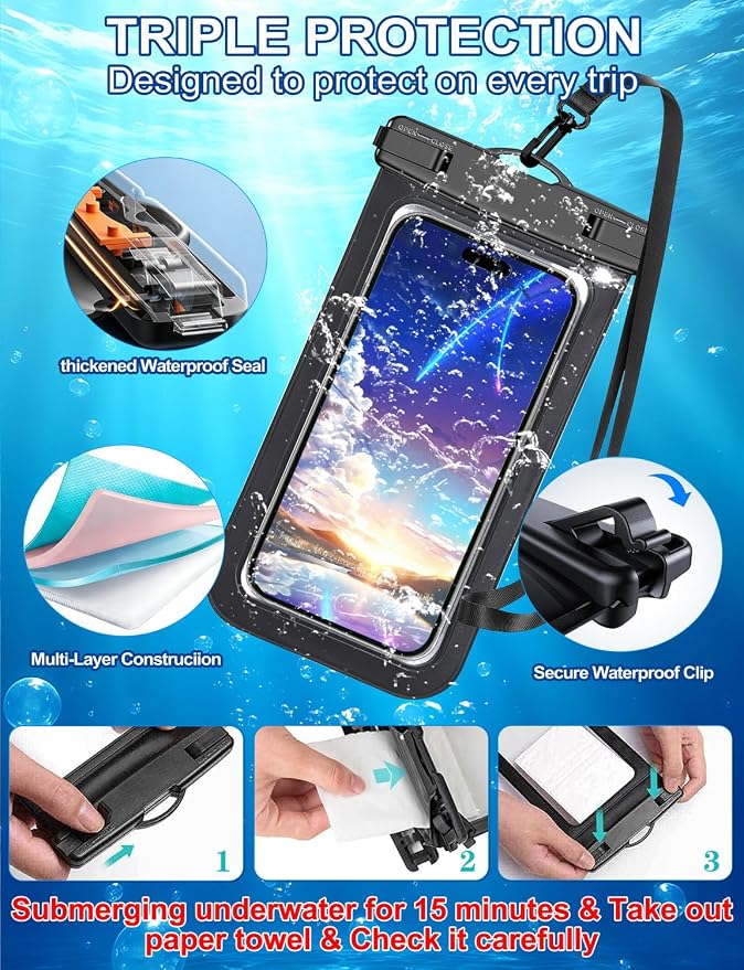 Famoby Up to 8.3" 5 Pack Multicolor Universal Waterproof Phone Pouch, Phone Waterproof Case Dry Bag,Protection Level: IP68,Outdoor Sports for Apple iPhone,Samsung,and More,White,Blue,Red,Purple,Yellow