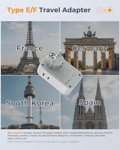 TESSAN Type F Plug Adapter 2 Pack, PD 20W South Korea Outlet Adapter with 4 AC Outlets 4 USB Ports (2 USB C), Type E Power Adaptor for US to Europe Spain Germany France Iceland Greece Russia Norway