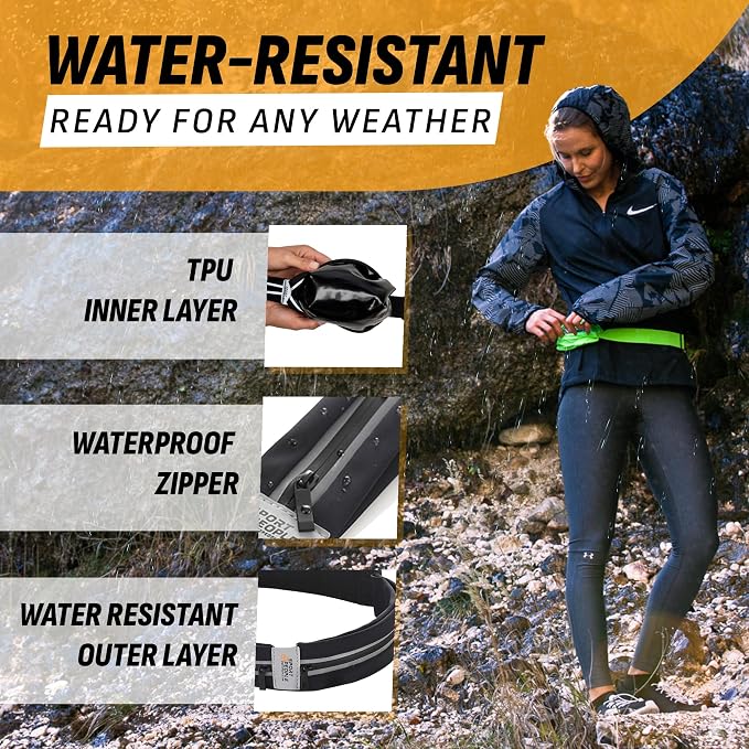 Slim Running Belt for Women and Men, Waterproof Phone Holder for Running, Reflective 2-Pocket Waist Pack for Storing Runner’s Essentials Safely, Runner’s Fanny Pack, Money Belt Fits Most Phones
