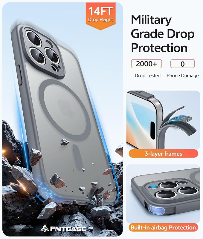 FNTCASE for iPhone 15 Pro Case: [Compatible with Magsafe] Translucent Matte Cases with [Full Camera Protection] [Screen Protector] Military Grade Shockproof Protective Phone Cover - Gray