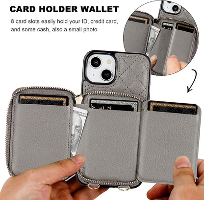 Bocasal Crossbody Wallet Case for iPhone 14, RFID Blocking PU Leather Zipper Handbag Purse Flip Cover, Kickstand Folio Case with Card Slots Holder Wrist Strap Lanyard 5G 6.1 Inch (Grey)