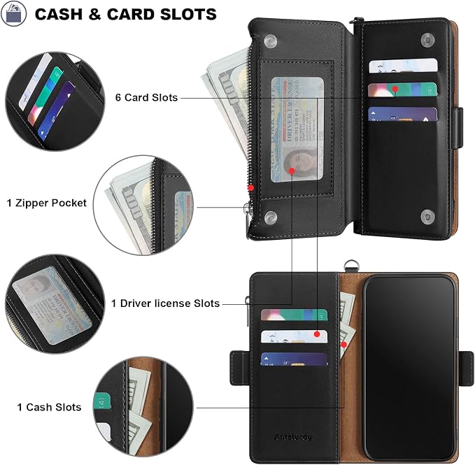 Antsturdy Compatible with iPhone 14 Wallet Case RFID Blocking,PU Leather Phone Case Women Men Flip Shockproof Cover with Wrist Strap Zipper Pocket Credit Card Holder Slots,for Apple 14 6.1" Black
