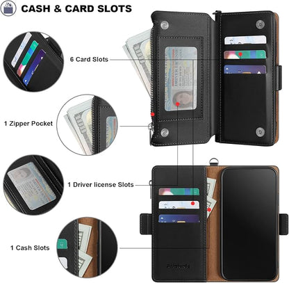 Antsturdy Compatible with iPhone 14 Wallet Case RFID Blocking,PU Leather Phone Case Women Men Flip Shockproof Cover with Wrist Strap Zipper Pocket Credit Card Holder Slots,for Apple 14 6.1" Black