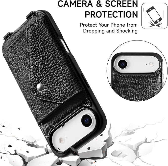 LUCKYCOIN for iPhone Air Crossbody Wallet Case – Genuine Leather Phone Purse with Adjustable Strap and Card Holder,Lanyard Phone Purse Case for Women,Pebble Grain Black
