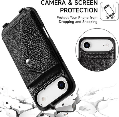 LUCKYCOIN for iPhone Air Crossbody Wallet Case – Genuine Leather Phone Purse with Adjustable Strap and Card Holder,Lanyard Phone Purse Case for Women,Pebble Grain Black