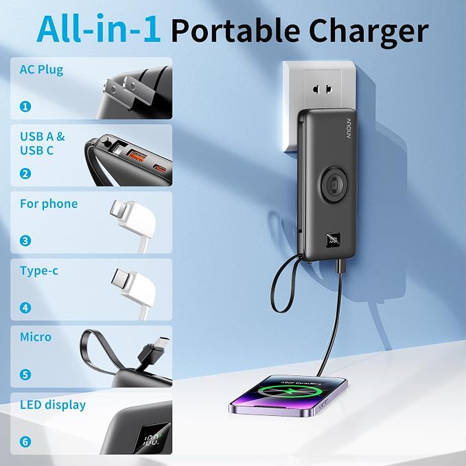 Portable Charger 10000mAh 22.5W PD 3.0+QC 4.0 Super Fast Charging Power Bank, Built-in Cables & AC Wall Plug & Magnetic Wireless iWatch Charger, USB-C Battery Pack for iPhone/Samsung/Apple Watch, etc