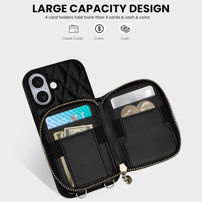 Keallce Case for iPhone 17 6.3'' Wallet Case, Crossbody Zipper Purse with Wrist Strap Lanyard Handbag, RFID Blocking Card Holders, Kickstand Flip Leather Cover for iPhone 17, Black