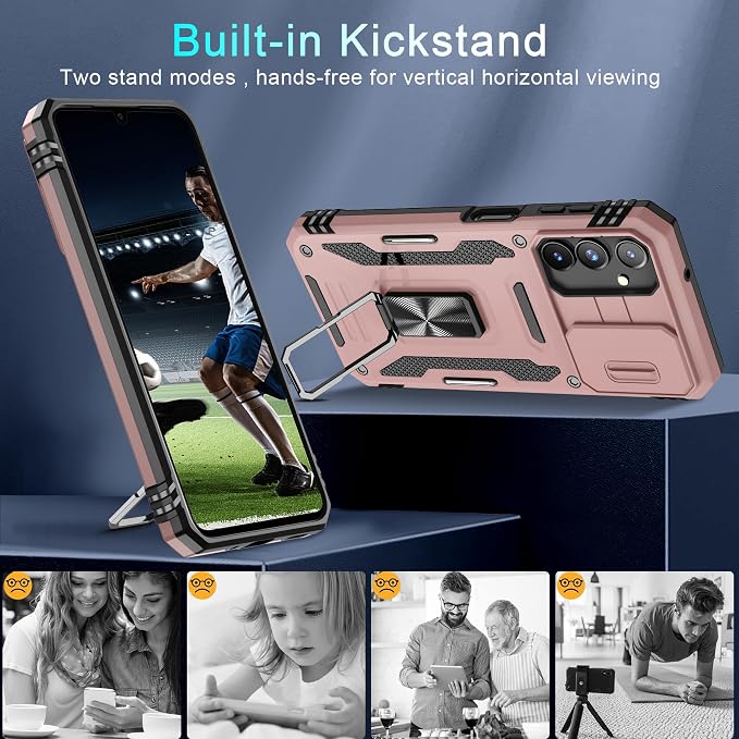DEERLAMN Case for Samsung Galaxy A16 5G with Slide Camera Cover+Screen Protector (1 Pack), Rotated Ring Kickstand Military Grade Shockproof Protective Cover-Rose Gold