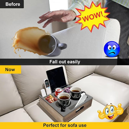 KindGa Couch Cup Holder, Waterproof Anti-Spill Couch Drink Holder for Snacks Beverage Remote, Food Grade Silicone Wooden Couch Caddy for Bed Car Seat Beach Tray (Gray)