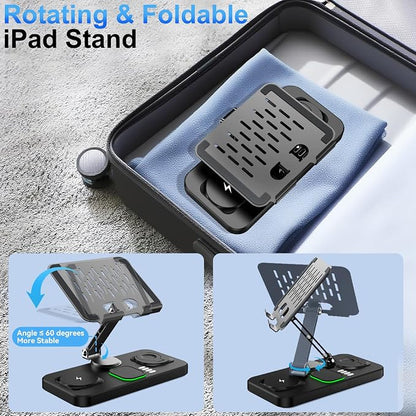 6 in 1 Wireless Charger for Apple Multiple Devices, Charging Station with Clock &7 Color Ambient Light, Foldable Rotate Stand for iPad, for iPhone17/16/15, Support for Apple Watch11/10 For AirPods4