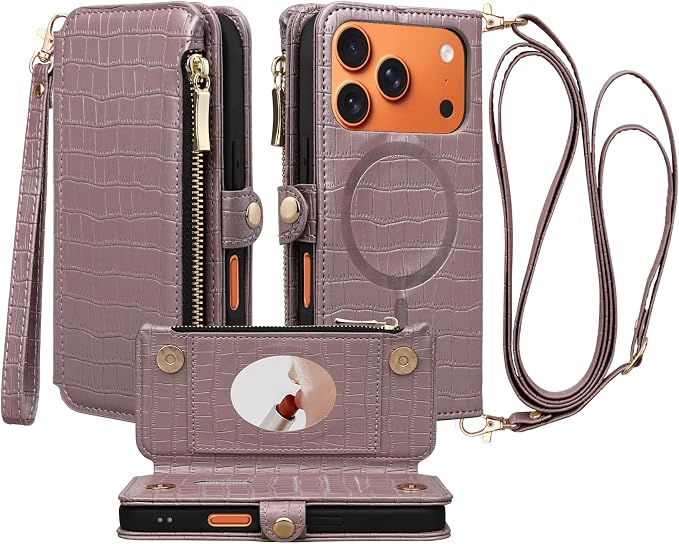 Crossbody Wallet Case for iPhone 17 Pro with Mirror, Wrist Strap, Zipper Purse Magnetic Flip, RFID Blocking Card Holder, Wireless Charging, PU Leather Shockproof 6.3" Women (Rose Gold)
