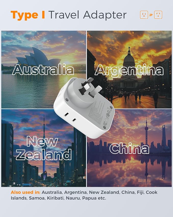Australia Plug Adapter 2 Pack, TESSAN PD 20W New Zealand Power Adapter with 4 Outlets 3 USB Ports (2 USB-C), Type I Travel Adaptor for US to Australian Argentina China Fiji Samoa Tonga Kiribati
