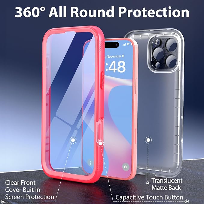 SPORTLINK for iPhone 16 Pro Max Case with Screen Protector,IP68 Underwater/6.6FT Military Dropproof/Dustproof/Heavy Duty Full Body Phone Case for Apple iPhone 16 Pro Max 6.9 inch Pink/Frosted Clear