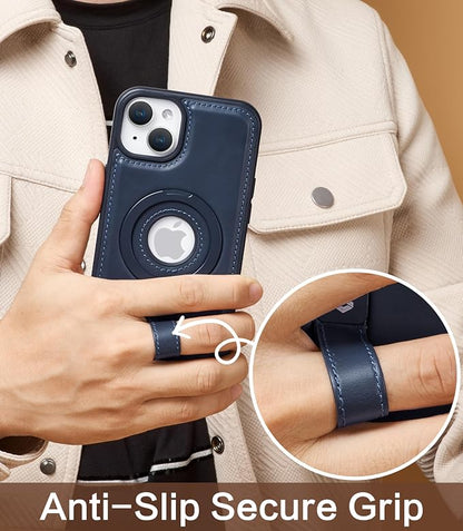for iPhone 15 Plus/iPhone 14 Plus Leather Case with Stand, Anti-Slip Grip Ring, Fits for MagSafe (Blue, iPhone 15/14 Plus)
