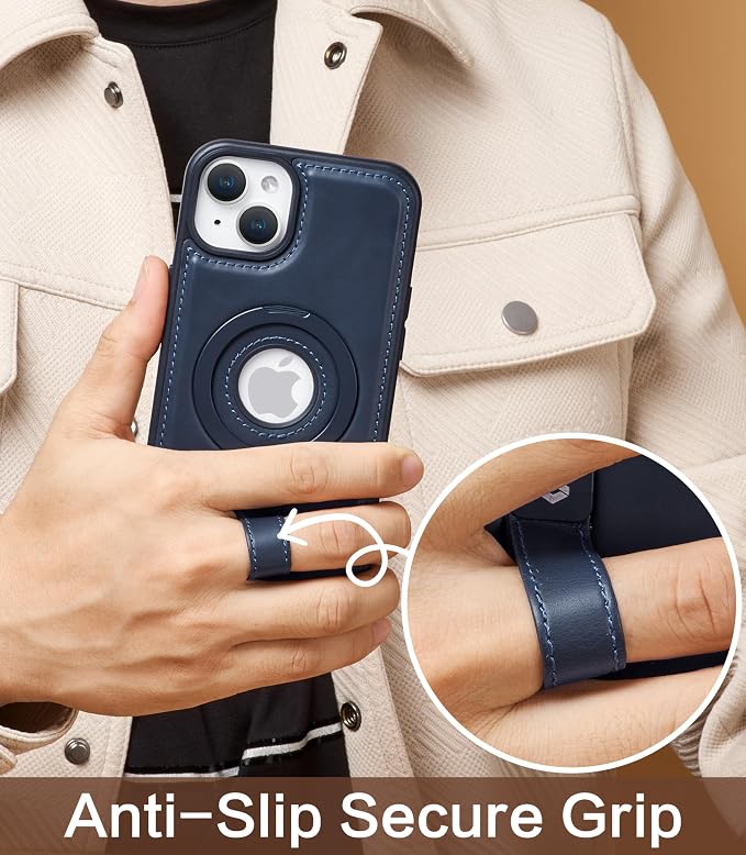 for iPhone 14 /iPhone 13 Leather Case with Stand, Anti-Slip Grip Ring, Fits for MagSafe (Blue, iPhone 14/13)