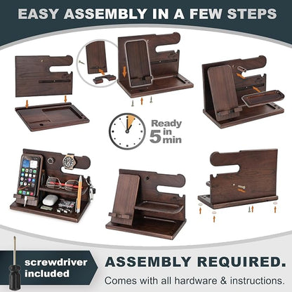 TESLYAR Wood Phone Docking Station for Men - Desk or Nightstand Organizer - Birthday Gifts for Husband, Dad - Anniversary Idea from Wife - Key Holder, Stand Wallet, Watch & Essentials (Wenge)