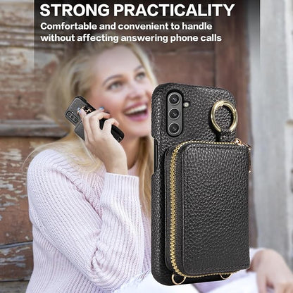 Wallet Case for Samsung Galaxy A26 5G with Shoulder Strap Ring Buckle, Luxury PU Leather Zipper Flip Organ Purse, Credit Card Holder Stand Full Body Cell Phone Cover for A 26 26A LTE Black