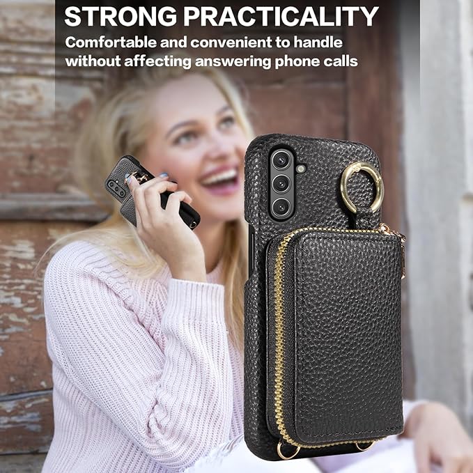 Wallet Case for Samsung Galaxy A56 5G with Shoulder Strap Ring Buckle, Luxury PU Leather Zipper Flip Organ Purse, Credit Card Holder Stand Full Body Cell Phone Cover for A 56 56A LTE Black