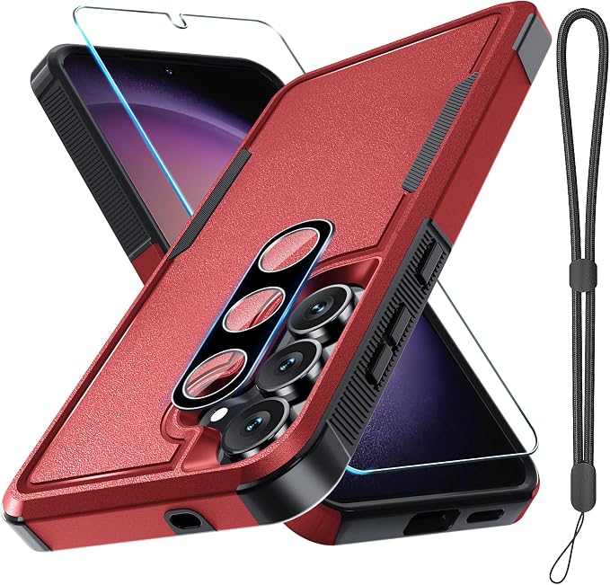 for Samsung Galaxy S25 FE Case with Screen Protector+Camera Lens Cover,Military Grade Heavy Duty Shockproof Phone Cover with Wrist Lanyard Strap for Samsung S25fe,Red