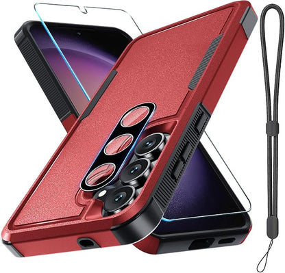 for Samsung Galaxy S25 FE Case with Screen Protector+Camera Lens Cover,Military Grade Heavy Duty Shockproof Phone Cover with Wrist Lanyard Strap for Samsung S25fe,Red
