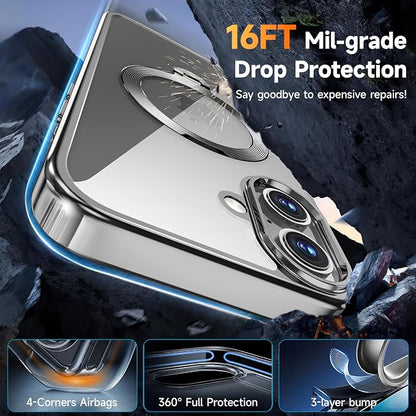 [Tri-Shield Protection] for iPhone 16 Plus Case with 360° Spin Stand Compatible with MagSafe [Magnetic CD Ring][Screen & Camera Lens Protector]Shockproof Plating Never-Yellowing, Natural Titanium-6.7"