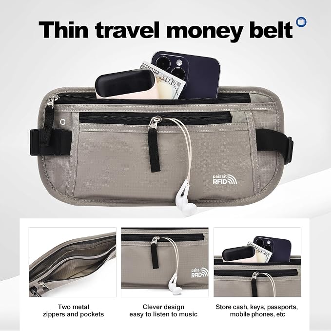 Unisex Money Belt For Men and Women, Slim Passport Holder RFID Blocking Travel Essentials Pouch with Adjustable Strap Small Waist Pouch for Workout Running Travelling Hiking, Light Grey