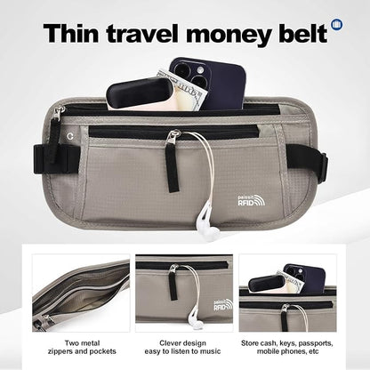 Unisex Money Belt For Men and Women, Slim Passport Holder RFID Blocking Travel Essentials Pouch with Adjustable Strap Small Waist Pouch for Workout Running Travelling Hiking, Light Grey 2 Pack
