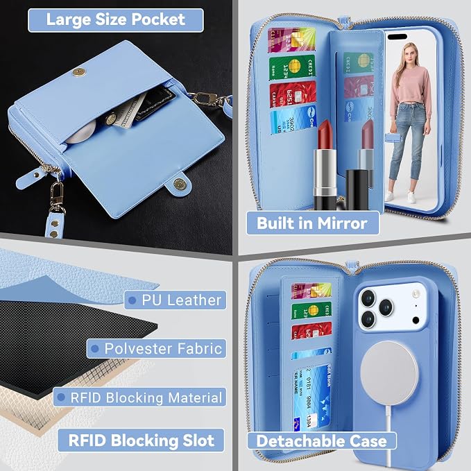 Lacass for iPhone 17 Pro Max Detachable Crossbody Wallet Case, Compatible with MagSafe Magnetic 2 in 1 RFID Blocking PU Leather Wallet Cover Card Holder Zipper Make Up Mirror (Blue)