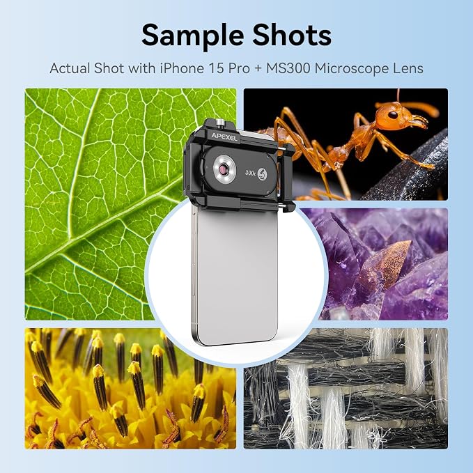 APEXEL 300X Phone Microscope Lens, Phone Camera Micro Lens with Universal Clip/LED Light/CPL, Mini Pocket Microscope, Phone Lens Attachment Fit for iPhone 17/16/15/14/13, Samsung, and Most Smartphone