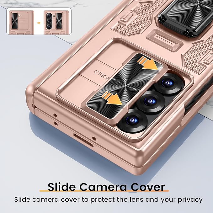 VEGO for Galaxy Z Fold 6 Case with Stand Full-Body Protective | Built-in Screen Protector [Anti-Peeping] & Slide Lens Cover & Hinge Protection & Stand Phone Case for Z Fold 6 2024-Rose Gold