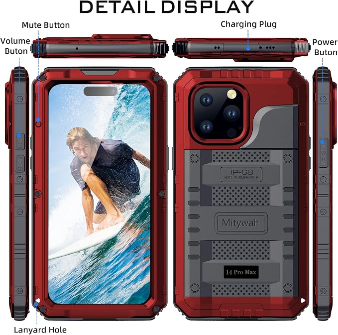Mitywah Waterproof Case for iPhone 14 Pro Max, Heavy Duty Shockproof Case with Built-in Screen Protector, Full Body Underwater Protective Metal Case 6.7 inch, Red