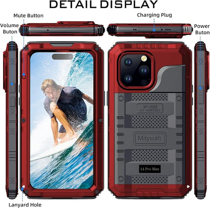 Mitywah Waterproof Case for iPhone 14 Pro Max, Heavy Duty Shockproof Case with Built-in Screen Protector, Full Body Underwater Protective Metal Case 6.7 inch, Red