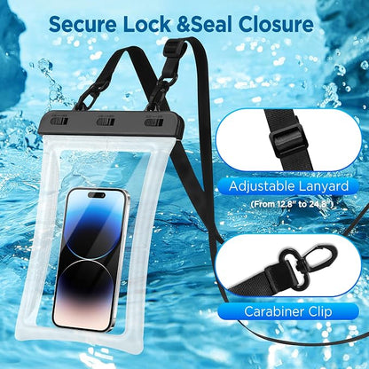 CACOE [Floatable Floating Universal IPX8 Waterproof Phone case 2 Pack-Up to 10.0",Adjustable Lanyard Phone Pouch,Dry Bags for Vacation Beach Pool Kayak Cruise Travel Essentials（Black+Black-#2）