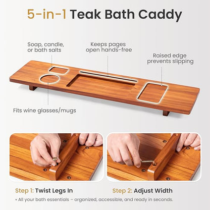 Luxury Teak Bathtub Caddy Tray - 35" Expandable Bath Bridge for Freestanding & Standard Tubs - Water-Resistant Solid Wood Spa Organizer with Wine Glass, Phone Holder & Non-Slip Grips