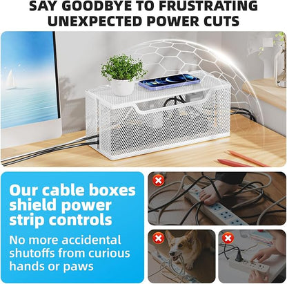3 Pack Cable Management Box, Metal Mesh Cord Organizer Box for TV Wires, Electrical Hiding, Power Strip – Under Desk Cable Storage Box with Cable Clips&Reusable Cable Ties for HomeOffice - White